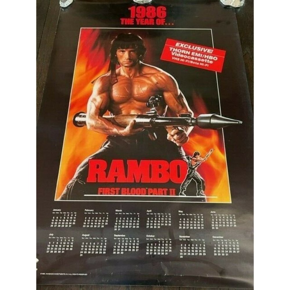 Movie Theater Cinema Poster vtg Lobby Card 1986 Rambo II Calendar Stallone Blood